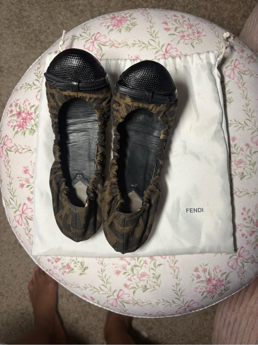 Fendi Brown Monogram Ballet Flats with Black Cap Toe
